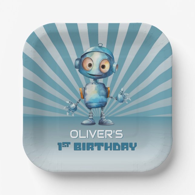 Assiettes En Carton Cute Robot Thème 1er Anniversaire (Recto)