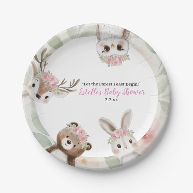 Assiettes En Carton Cute rose Bois Animaux Fille Baby shower (Devant)