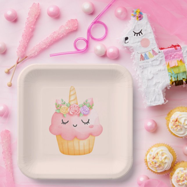 Assiettes En Carton Cute rose Cupcake Unicorn avec Rose (Fête)