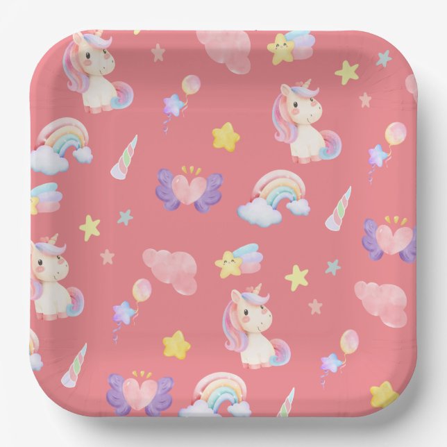 Assiettes En Carton Cute rose douce licorne arc-en-ciel Motif (Recto)