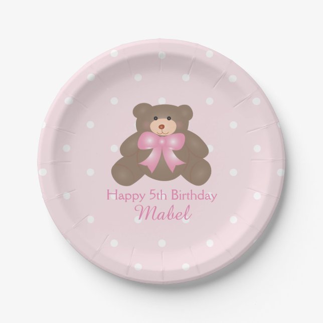 Assiettes En Carton Cute rose Ruban Teddy Bear Fille Anniversaire (Devant)