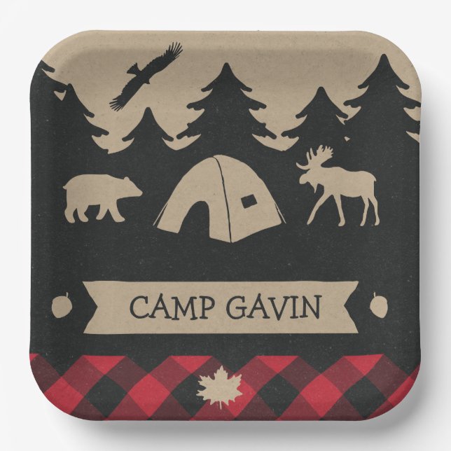 Assiettes En Carton Cute Rustic Flannel Camping fête d'anniversaire (Recto)