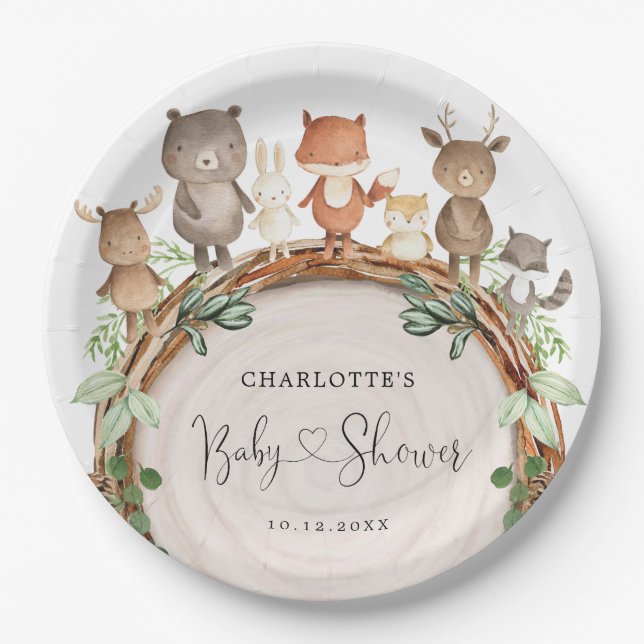 Assiettes En Carton Cute Rustic Woodland Animaux Forêt Baby shower (Devant)