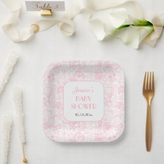 Assiettes En Carton Cute Safari Toile de Jouy Baby shower rose