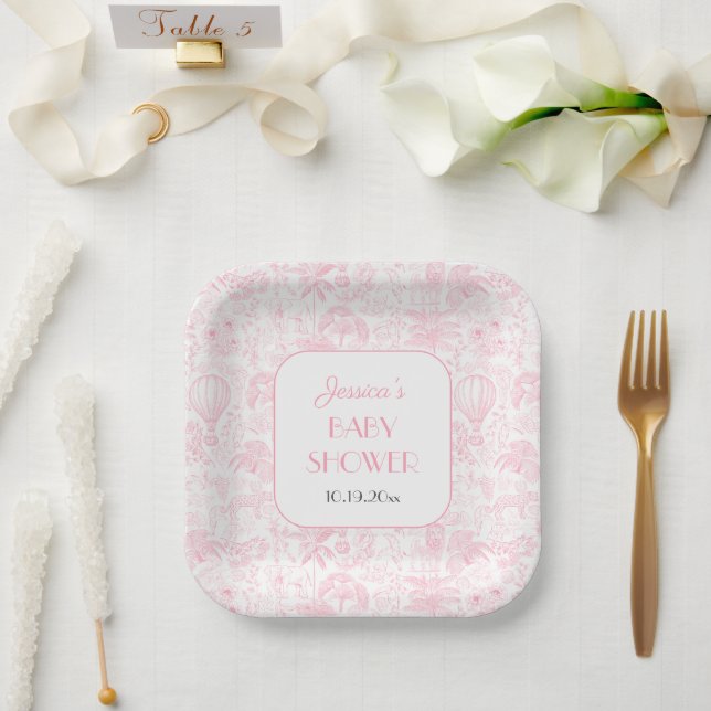 Assiettes En Carton Cute Safari Toile de Jouy Baby shower rose (Mariage)