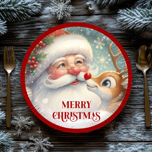 Assiettes En Carton Cute Santa and Rudolph Cartoon Christmas Plates (Cute Santa and Rudolph Cartoon Christmas Paper Plates)