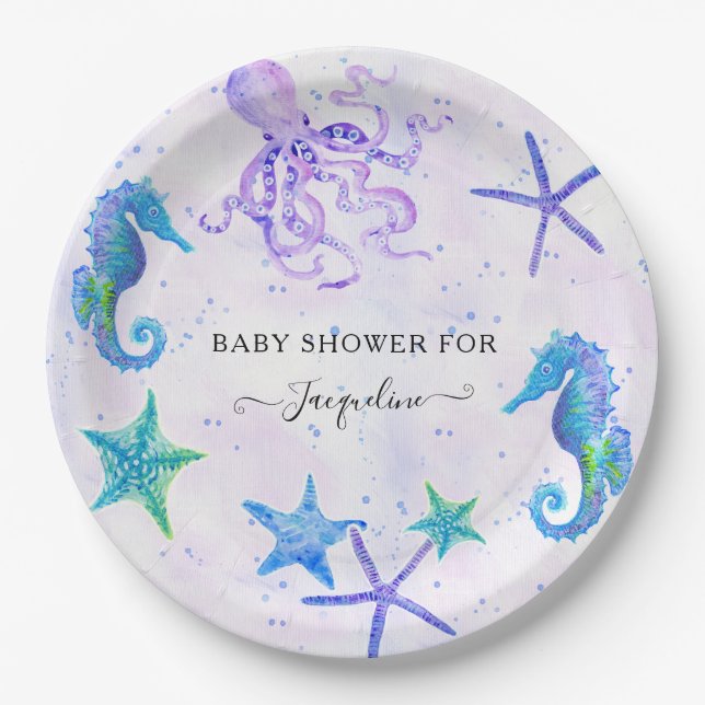 Assiettes En Carton Cute Seahorse Starfish Octopus Baby shower balnéai (Devant)