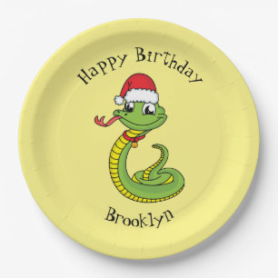 Assiettes En Carton Cute serpent vert avec chapeau santa dessin animé