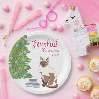 Assiettes En Carton Cute Siamese Cat with Tuna Joyful Christmas