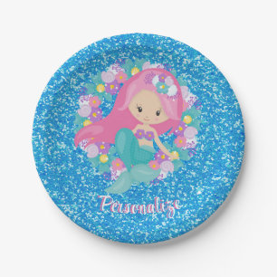 Assiettes En Carton Cute sirène rose Parties scintillant bleue Personn