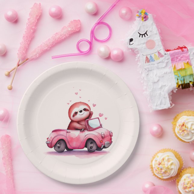 Assiettes En Carton Cute Sloth Driving a Pink Convertible (Fête)