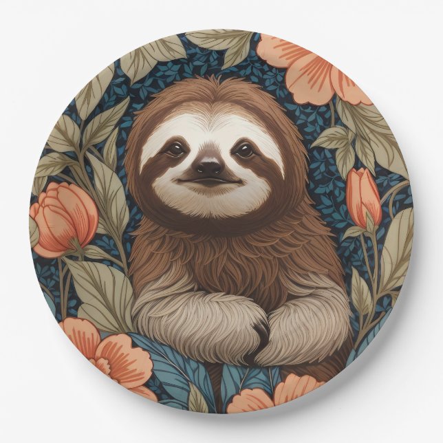 Assiettes En Carton Cute Sloth Elegant Floral William Morris Inspired (Devant)