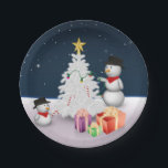 Assiettes En Carton Cute Snowmen with Christmas Tree<br><div class="desc">Winterly and festive graphic illustration featuring two cute snowmen decorating the Christmas tree with candy canes,  christmas lights and a star tree topper.</div>