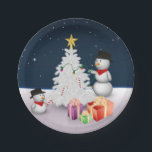 Assiettes En Carton Cute Snowmen with Christmas Tree<br><div class="desc">Winterly and festive graphic illustration featuring two cute snowmen decorating the Christmas tree with candy canes,  christmas lights and a star tree topper.</div>