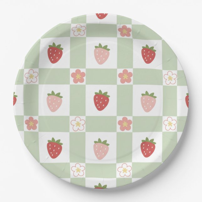 Assiettes En Carton Cute Strawberry Gingham Pastel Green 1st Birthday (Devant)