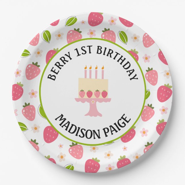 Assiettes En Carton Cute Strawberry Pink Girls 1st Birthday  (Devant)
