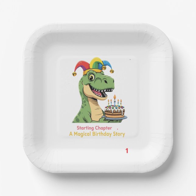 Assiettes En Carton Cute T-Rex Dinosaur Premier Anniversaire Histoire  (Recto)