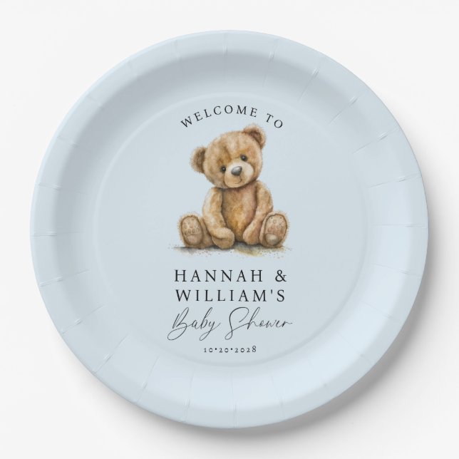 Assiettes En Carton Cute Teddy Bear Blue Boy Baby shower (Devant)
