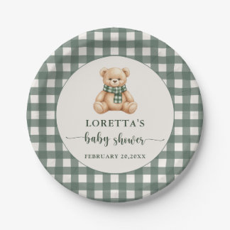 Assiettes En Carton Cute Teddy Bear Green Plaid Baby Shower
