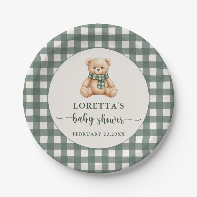 Assiettes En Carton Cute Teddy Bear Green Plaid Baby Shower (Devant)