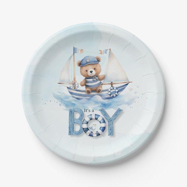 Assiettes En Carton Cute Teddy Bear Nautical Boat Baby shower (Devant)