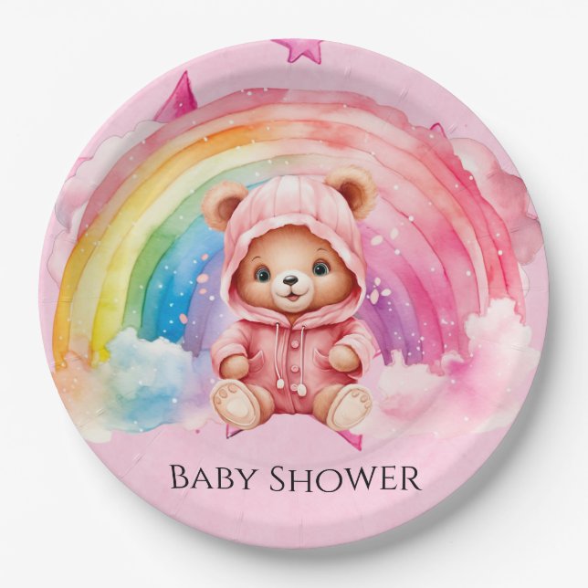 Assiettes En Carton Cute Teddy Bear Rainbow Girl Baby shower (Devant)