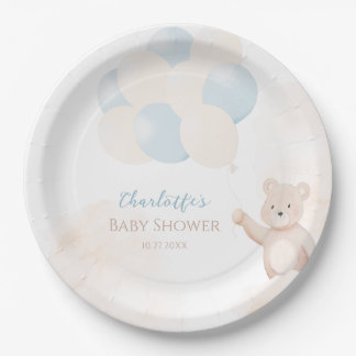 Assiettes En Carton Cute Teddy Bear with Balloons Boy Baby Shower