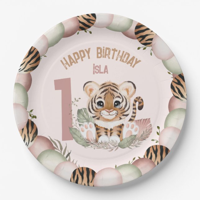 Assiettes En Carton Cute Tiger Wild One Girl 1er Anniversaire Plaque P (Devant)