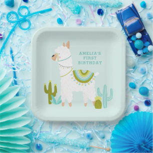 Assiettes En Carton Cute Tout Llama Amusants Aqua 1er Anniversaire