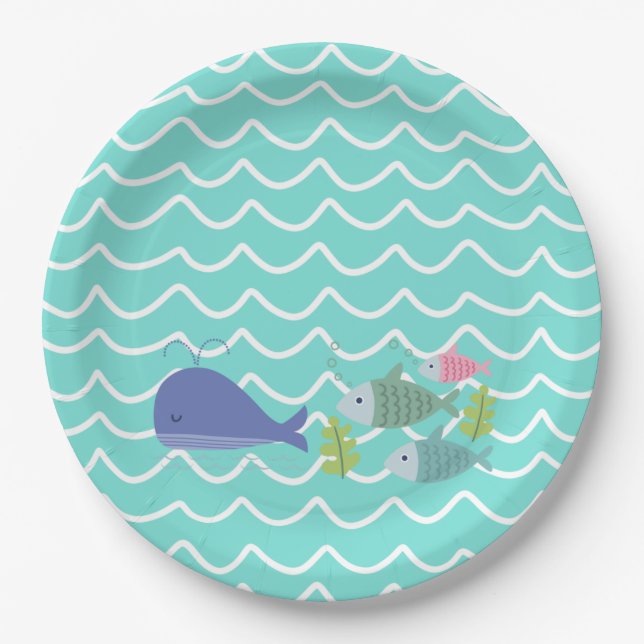 Assiettes En Carton Cute Turquoise Whale & Fishy Paper Plates (Devant)