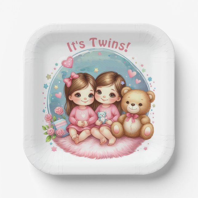 Assiettes En Carton Cute Twin Baby shower fille de l'aquarelle Teddy O (Recto)