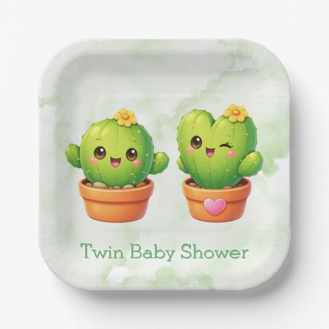Assiettes En Carton Cute Twin Cactus Baby Shower (Recto)