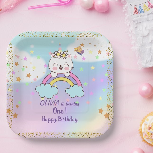 Assiettes En Carton Cute Unicorn Chat Rainbow Girl 1er anniversaire fê (Créateur téléchargé)