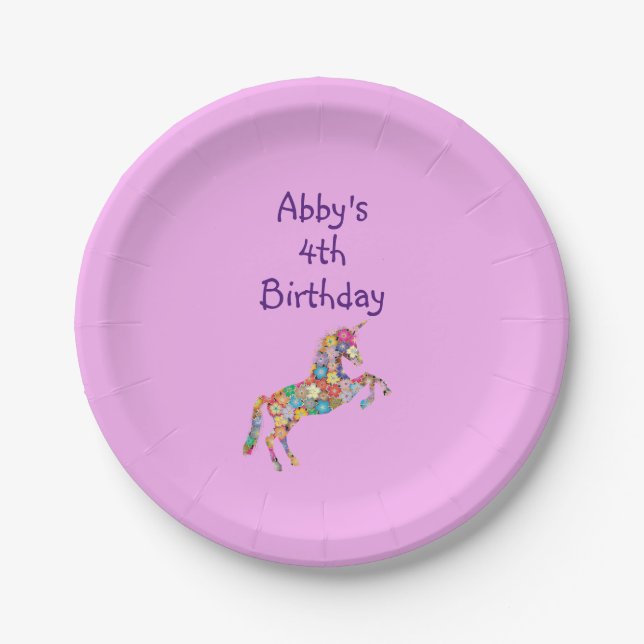 Assiettes En Carton Cute Unicorn Pink Abby's 4th Birthday Personnalise (Devant)