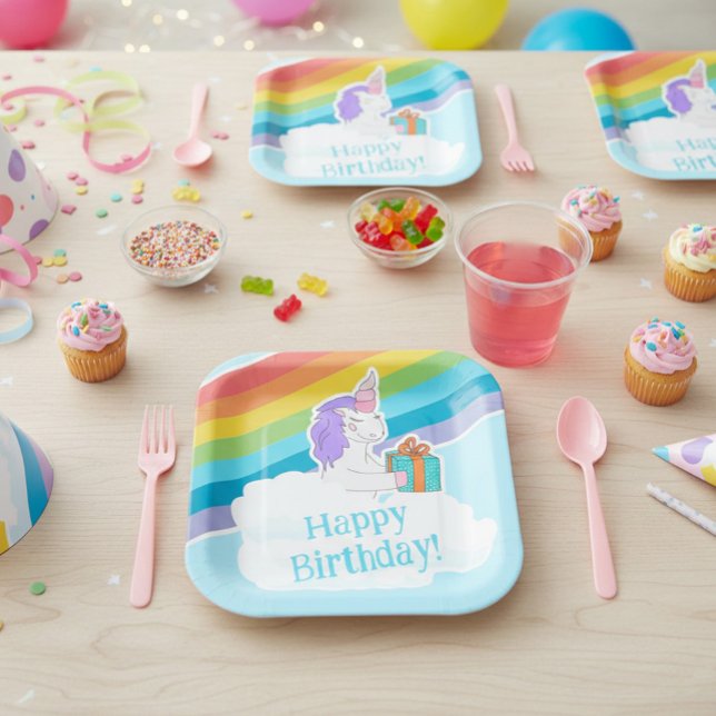 Assiettes En Carton Cute Unicorn Rainbow Happy Birthday Paper Plate (Créateur téléchargé)