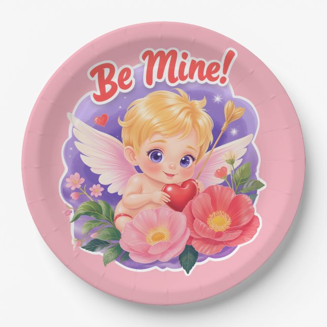 Assiettes En Carton Cute Valentine's Day Cupid with "Be Mine" (Devant)
