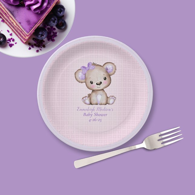 Assiettes En Carton Cute Violet Ours Fille Plaid Papier Rose Plaqué (Créateur téléchargé)