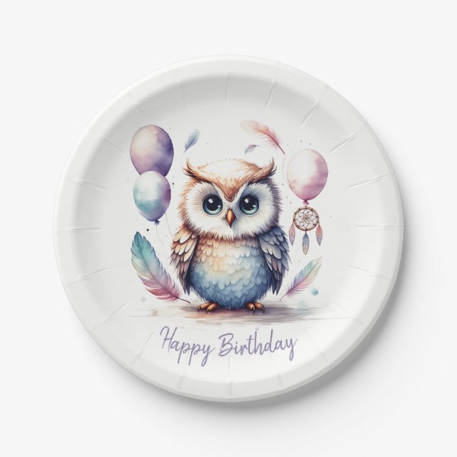 Assiettes En Carton Cute Watercolor Baby Owl Balloons Birthday  (Devant)