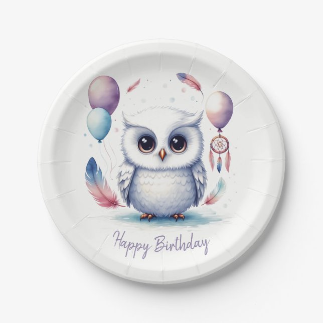 Assiettes En Carton Cute Watercolor Baby Owl Balloons Birthday  (Devant)