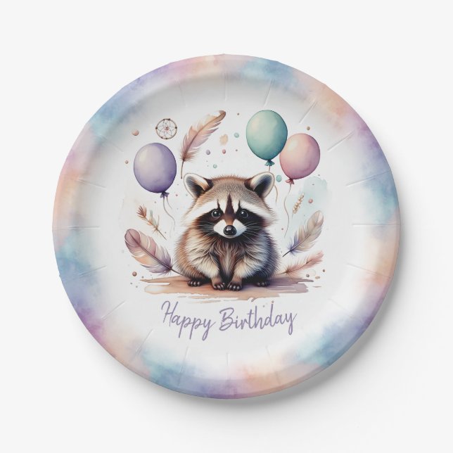 Assiettes En Carton Cute Watercolor Baby Raccoon Balloons Birthday  (Devant)