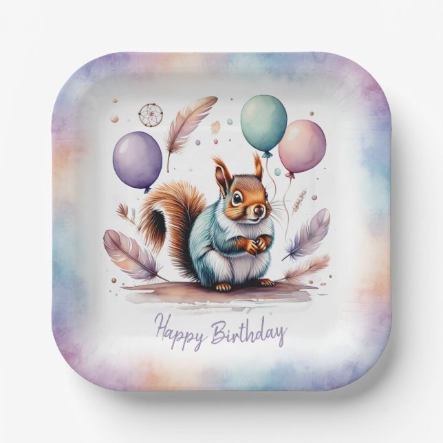 Assiettes En Carton Cute Watercolor Baby Squirrel Balloons Birthday  (Recto)