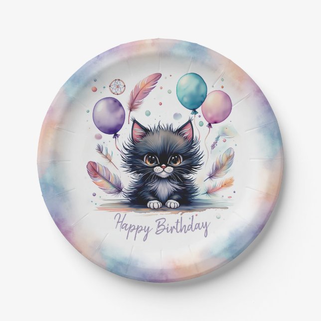 Assiettes En Carton Cute Watercolor Black Kitten Balloons Birthday  (Devant)