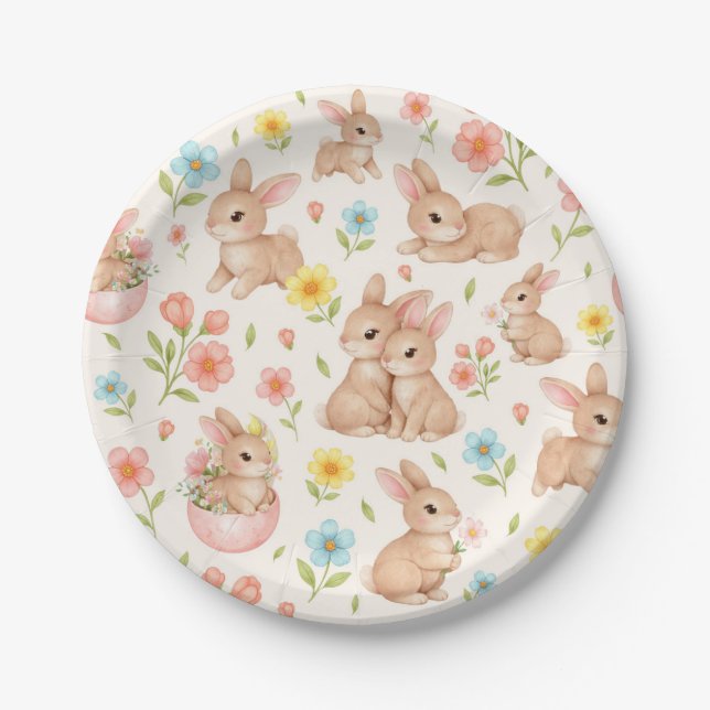 Assiettes En Carton Cute Watercolor Bunnies & Flowers Pattern (Devant)