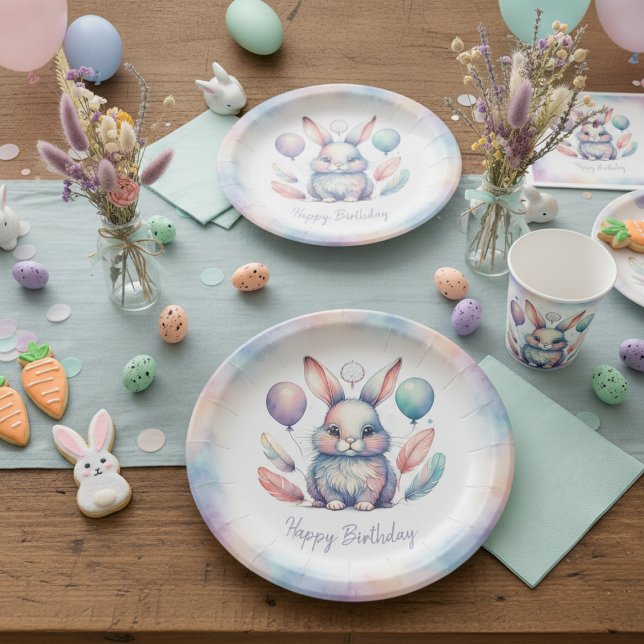 Assiettes En Carton Cute Watercolor Bunny Rabbit Balloons Birthday  (Cute Watercolor Bunny Rabbit Balloons Birthday Paper Plates)