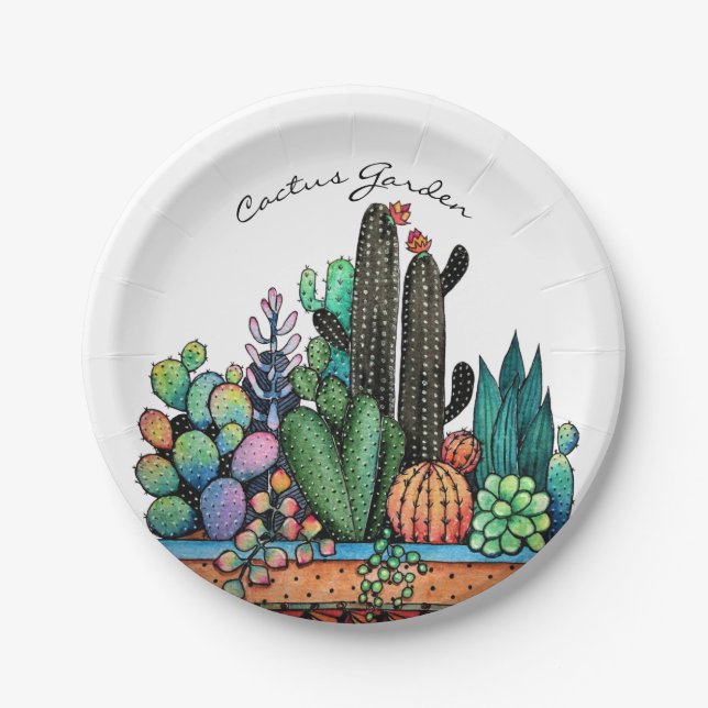 Assiettes En Carton Cute Watercolor Cactus Garden (Devant)