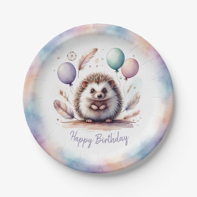 Assiettes En Carton Cute Watercolor Hedgehog with Balloons Birthday  (Devant)