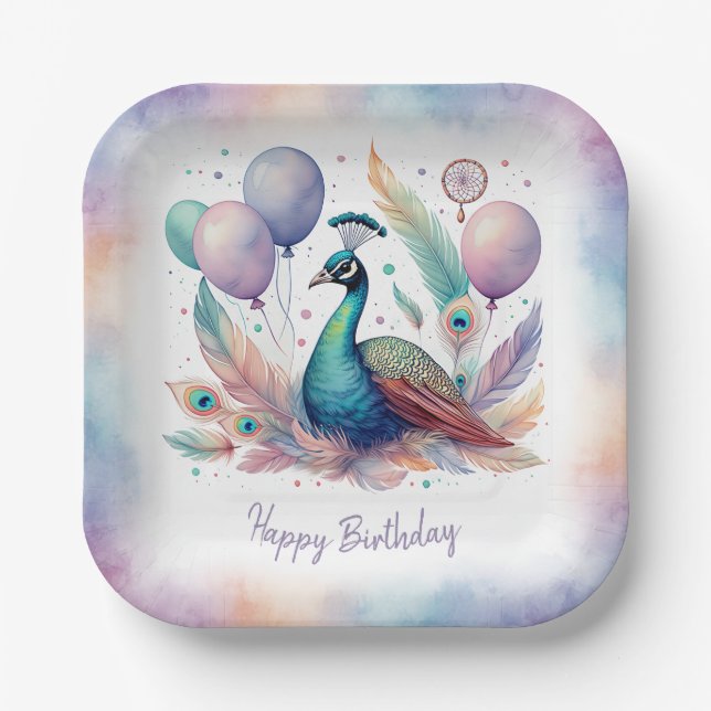 Assiettes En Carton Cute Watercolor Peacock Balloons Birthday  (Recto)