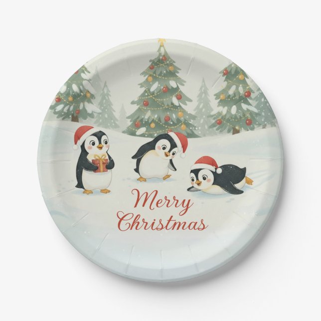 Assiettes En Carton Cute Watercolor Penguins Christmas Forest (Devant)