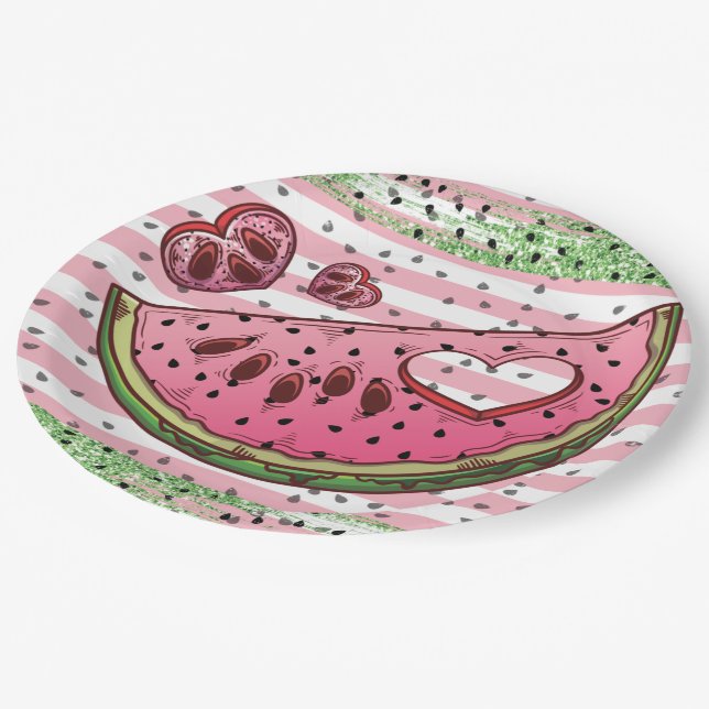 Assiettes En Carton Cute Watermelon rose verte Parties scintillant Ann (Angle)