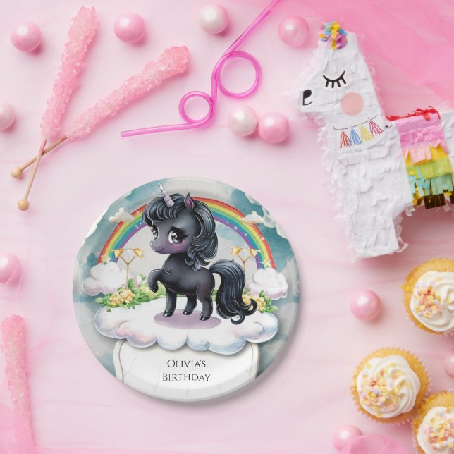 Assiettes En Carton Cute Whimsical Black Unicorn Anniversaire (Fête)